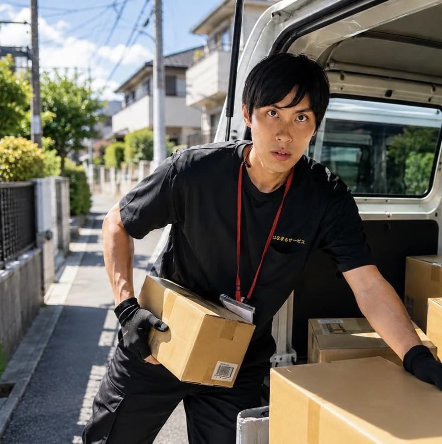 はなまるサービス制服の男性ドライバーが軽貨物バンに荷物を積み込む様子