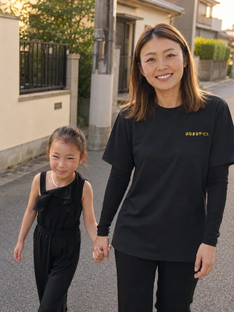 子どもと手をつないで歩くはなまるサービスの女性ドライバー